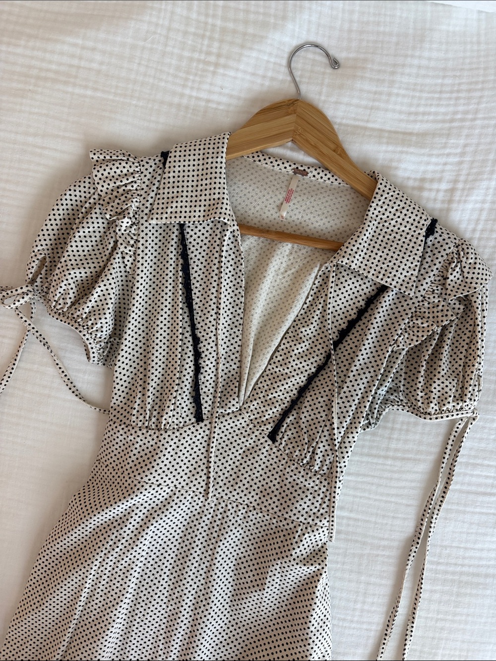 Free People Polka Dot Puff Sleeve V-Neck Dress in Cream and Black - Picture 2 of 5